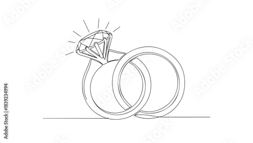 Continuous line drawing of two intertwined wedding rings, one featuring a sparkling diamond, symbolizing love and commitment.