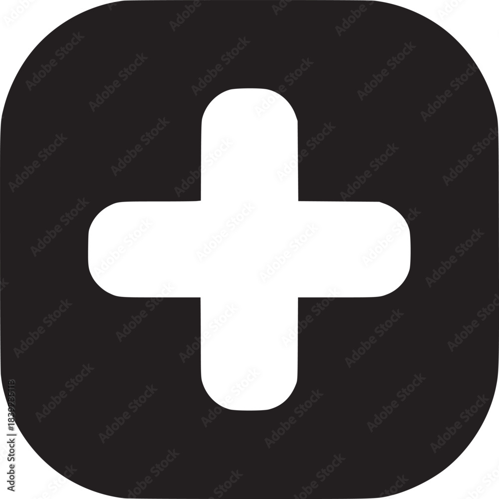 Obraz premium A black square with rounded corners containing a white plus sign in the center on white background