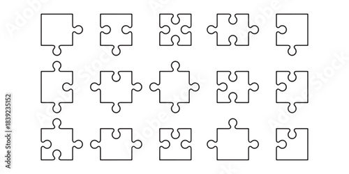 This image displays a grid of fifteen white puzzle pieces with black outlines against a white background. The pieces are arranged in three rows of five. Each piece has the characteristic interlocking 