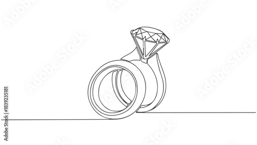Continuous line drawing of two elegant wedding rings, one with a sparkling diamond, symbolizing love and commitment.