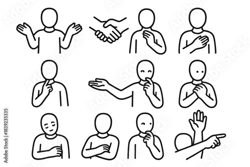 Diverse Gesture Icons. Gesture Emotion Set linear set: open-handed welcome, firm clasp, gentle reassurance, hesitant hesitation, expressive sweep, curious touch, supportive press,