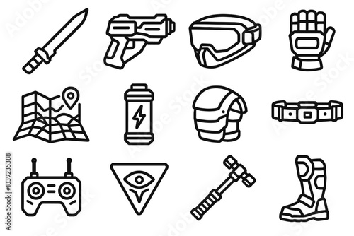 Futuristic Combat Icons. Futuristic Combat Tools linear set: energy blade, plasma pistol icon, reinforced visor, armored glove, holo-map, power cell, shoulder guard, modular belt,