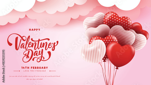 Happy valentine's day greeting card with heart balloons in air