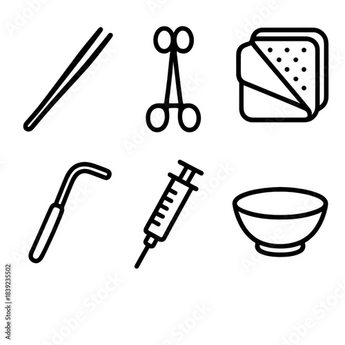 Surgical Tools Illustration. Clinical Procedure Tools linear set: forceps, hemostat, sterile gauze, suction tube, syringe icon, prep bowl.