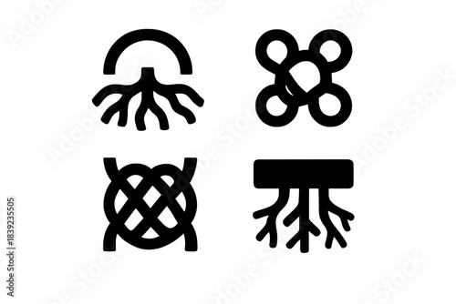 Brutalist Network Icons. Underground Network Models silhouette set: root-thread arc, interwoven-root bead, nutrient-path strip.