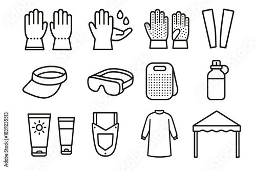 Gardening Gear Icons. Gardening Protection Set linear set: leather gloves, waterproof gloves, breathable mesh gloves, arm sleeves, sun visor, safety goggles, knee cushion, water