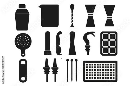 Bartending Icons Set. Home Bartending Gear silhouette set: cobbler shaker, mixing pitcher, bar spoon twisted, measuring jigger, julep strainer, muddler rod, citrus peeler, ice mold