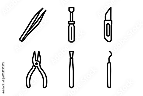 Precision Repair Kit. Precision Repair Kit linear set: tweezers, mini screwdriver, precision blade, small pliers, micro brush, fine-tip pick.