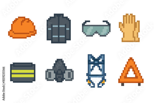 Safety Gear Icons. Infrastructure safety gear set of icons in flat pixel vector style: hard hat, arc-rated jacket, protective eyewear, dielectric gloves, reflective armband,
