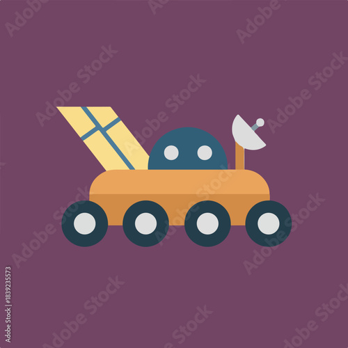A stylized flat icon depicts an orange and blue space rover with solar panels and a satellite dish on a solid purple background.