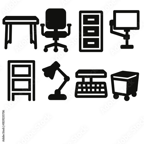 Brutalist Workspace Icons. Workspace furniture set silhouette set: compact desk, swivel chair, cabinet drawer, monitor mount, shelving unit, desk light, keyboard holder, mobile