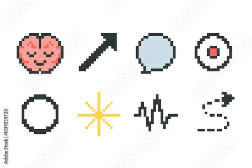 Cognitive Icon Set. Cognitive Focus Cues pixel style set: calm brain, intention arrow, clarity bubble, centered point, mindful ring, steady pulse, focus spark, guided path.