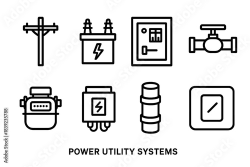 Utility System Icons. Power and Utility Systems linear set: power pole, transformer box, circuit breaker panel, water valve, gas meter, fiber junction, utility conduit, control