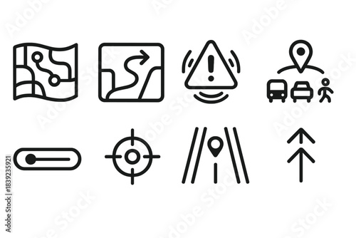 Advanced Navigation Icons. Next-Gen Guidance Tech linear set: sensor fusion map, dynamic reroute path, hazard detection sign, multimodal navigation icon, distance tracking bar,