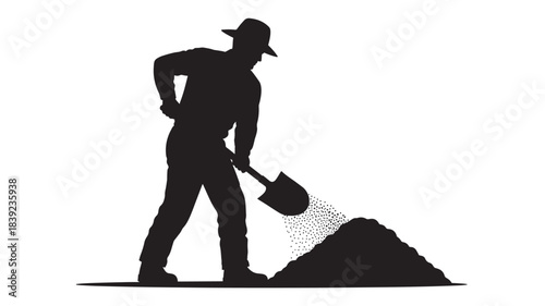 A black silhouette illustration of a man wearing a hat, shoveling sand or soil with a shovel, depicted in a simple and stylized form, on a white background