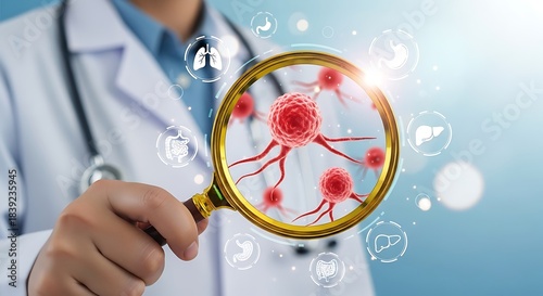 Wallpaper Mural Medical professional examining potential cancer cells through a magnifying glass to explore health diagnostics research Torontodigital.ca