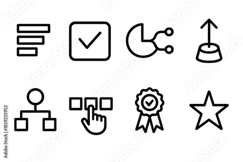 Minimalist Decision Icons. Preference-guided selection linear set: ranking bar, option tile, clarity arc node, preference beam, decision point, choice grid strip, guidance cue,