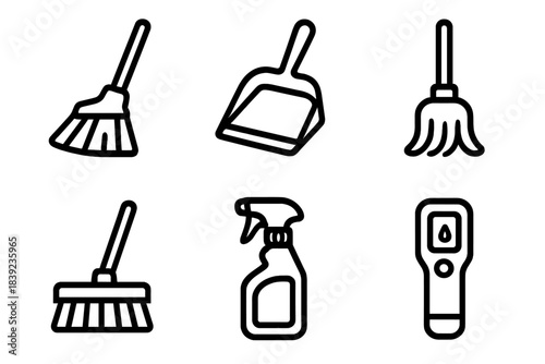 Floor Care Tools. Floor Care Tools linear set: broom, dustpan, mop, floor brush, spray bottle, cleaning gauge.