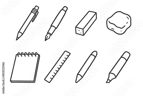 Art Sketching Tools. Art sketching essentials linear set: mechanical pencil, ink pen, pastel stick, kneaded eraser, drawing pad, straightedge ruler, blending tool, marker pencil.