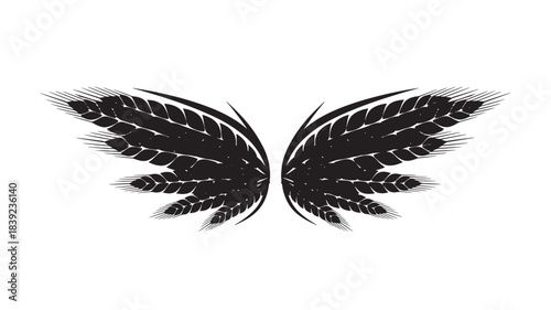 A detailed black wing illustration with intricate feathers, spread wide and symmetrical, set against a pure white background, showcasing a striking contrast between the dark wings and the light backdr