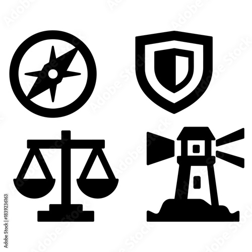 Ethical Icons Set. Ethical Leadership Frameworks silhouette set: integrity compass, accountability scale, transparency beacon.