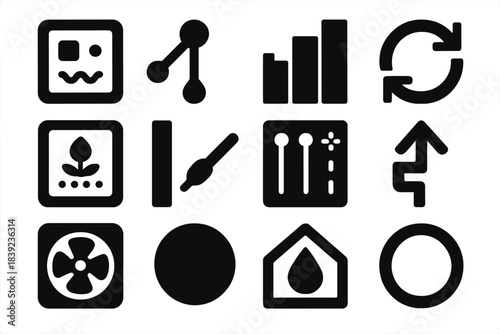 Greenhouse Icon Set. Greenhouse Climate Control silhouette set: sensor tile, humidity node, CO2 bar, airflow ring, grow-light patch, nutrient injector stripe, irrigation panel,