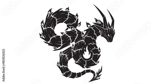 A black dragon silhouette with white cracks, showcasing a mythical creature with a long tail and sharp horns, on a pure white background.