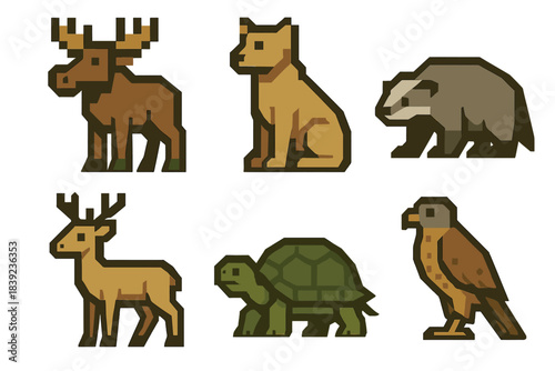 Wildland Guardian Icons. Wildland Guardian Beasts set of icons in flat pixel vector style: sturdy moose, lookout cougar, protective badger, keen falcon, marsh deer, steady tortoise