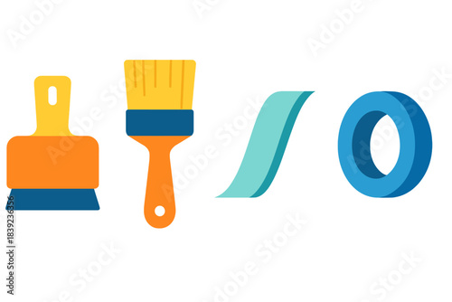 Vibrant Painting Tools. Wall Painting Gear flat set: edging tool, trim brush, painter’s tape strip.