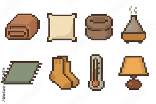 Cozy Home Essentials Icons. Home Comfort Set set of icons in flat pixel vector style: fleece blanket, cushioned pillow, neck warmer, aroma diffuser, soft floor mat, comfort socks,