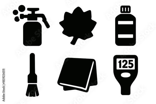 Auto Detailing Icons. Auto Detailing Set silhouette set: foam sprayer, clay bar, tire shine bottle, detailing brush, drying towel, finish meter.