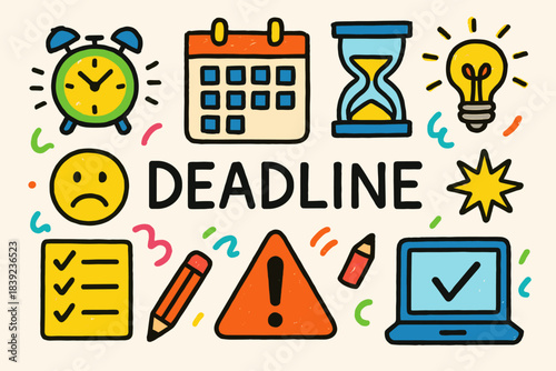 Childish Deadline Icon. A childish hand-drawn icon set, flat vector graphic, very bright and slightly messy colors, thick uneven outlines, kindergarten drawing style. In the middle