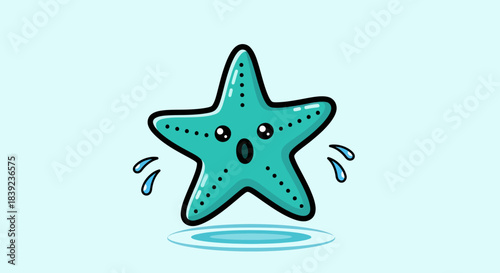 Cartoon starfish with surprised expression and water splashes, cute illustration.