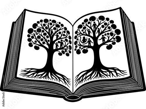 Woodcut Style Vector of Family Trees in an Open Book for Global Family Day, Genealogy, Generations, and Heritage