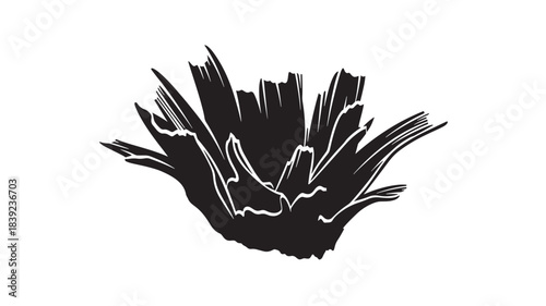 A detailed black silhouette of a bird in mid-flight with outstretched wings and tail feathers, set against a pure white background, showcasing its dynamic movement and form.