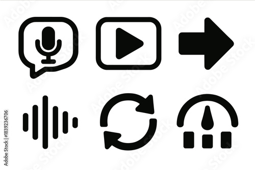 Brutalist Audio-Controlled Icons. Audio-Controlled Media Set silhouette set: voice input bubble, media player tile, command trigger arrow, dynamic waveform icon, playback feedback