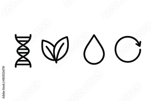 Evolutionary Adaptation Icons. Evolutionary Adaptation Models linear set: genetic-variation strand, environmental-cue droplet, survival-loop ring.