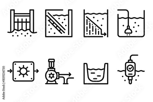 Water Purification Icons. Water purification systems linear set: intake gate, settling tank plate, rapid filter bar, aeration diffuser, UV module tile, chemical feed pump,