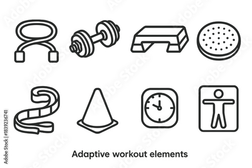 Adaptive Workout Icons. Adaptive Workout Elements linear set: resistance band, adjustable dumbbell, step platform, balance disc, interval timer, stretch strap, agility cone, form