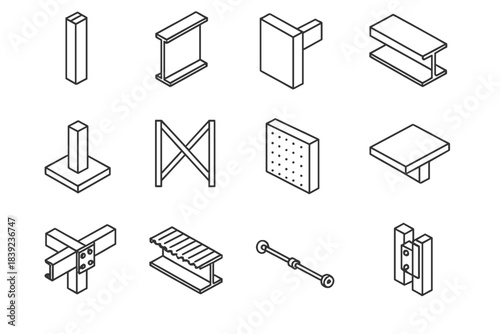 Structural Icons Outline. Structural Framework Components linear set: vertical column, steel beam, core wall, girder span, footing base, lateral brace, diaphragm panel, cantilever