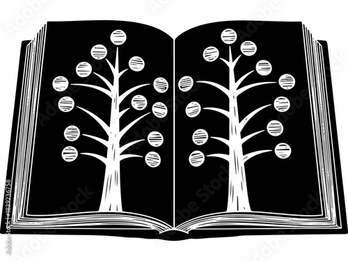 Woodcut style open book vector illustration with two detailed family trees, perfect for Global Family Day genealogy and heritage concepts.