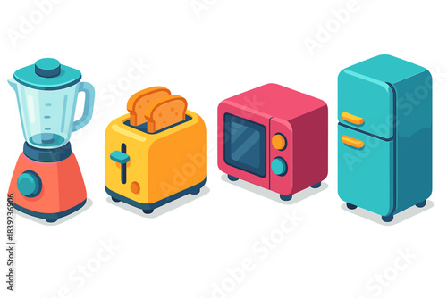 Stylish Kitchen Appliances. Home Appliances flat isometric set: countertop blender, toaster unit, compact microwave.