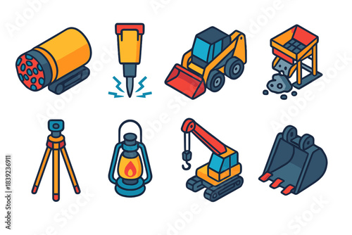 Industrial Excavation Icons. Industrial excavation collection isometric flat set: tunnel borer, rock breaker, skid-steer loader, gravel screener, surveying tripod, lantern, utility