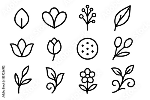 Stylized Floral Icons. Ornamental Bloom Parts linear set: stylized petal, petal trio, inflorescence icon, stem and leaf, floral crown piece, bud icon, pollen circle, anther detail,