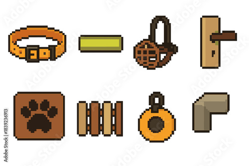 Animal Safety Icon Set. Animal Protection Elements pixel style set: breakaway collar, visibility band, gentle muzzle, door latch guard, safe-zone mat, pet barrier strip, ID tag,