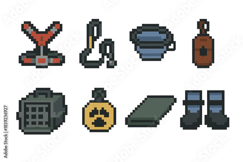 Outdoor Pet Gear Icons. Outdoor pet gear set set of icons in flat pixel vector style: harness, reflective leash, portable water bowl, waste bag holder, collapsible crate, ID tag,