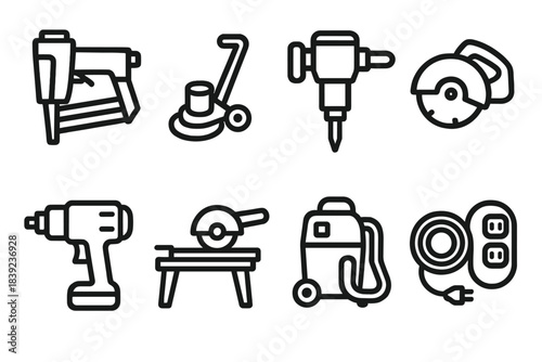 Construction Tool Icons. Construction power tools linear set: nail gun, concrete grinder, demolition hammer, circular cutter, electric wrench, tile saw, dust extractor, extension