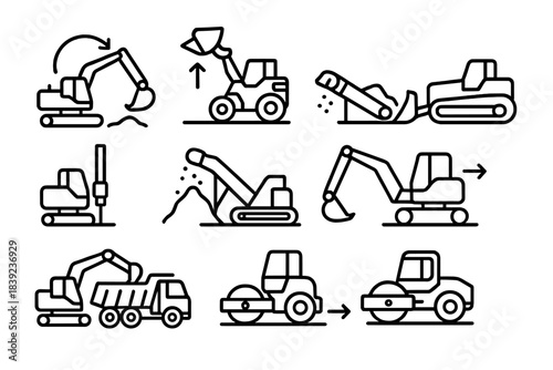 Industrial Machine Icons. Machine Operation Set linear set: dig cycle icon, lift bucket motion, blade push path, drill plunge, conveyor feed, swing arm arrow, load-and-haul step,