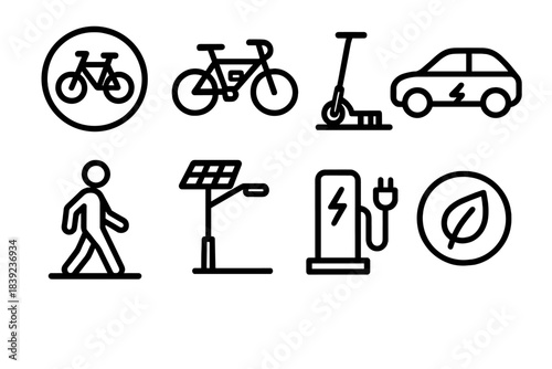 Eco-Friendly Urban Mobility. Sustainable City Mobility linear set: bike lane sign, e-bike, scooter dock, electric car, charging pole, pedestrian path, solar streetlight, green