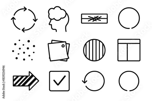 Analysis Icons Grid. Analysis Paralysis Models linear set: decision-loop tile, thought-node, excessive-detail bar, hesitation ring, mental clutter dot, review patch, overfocus